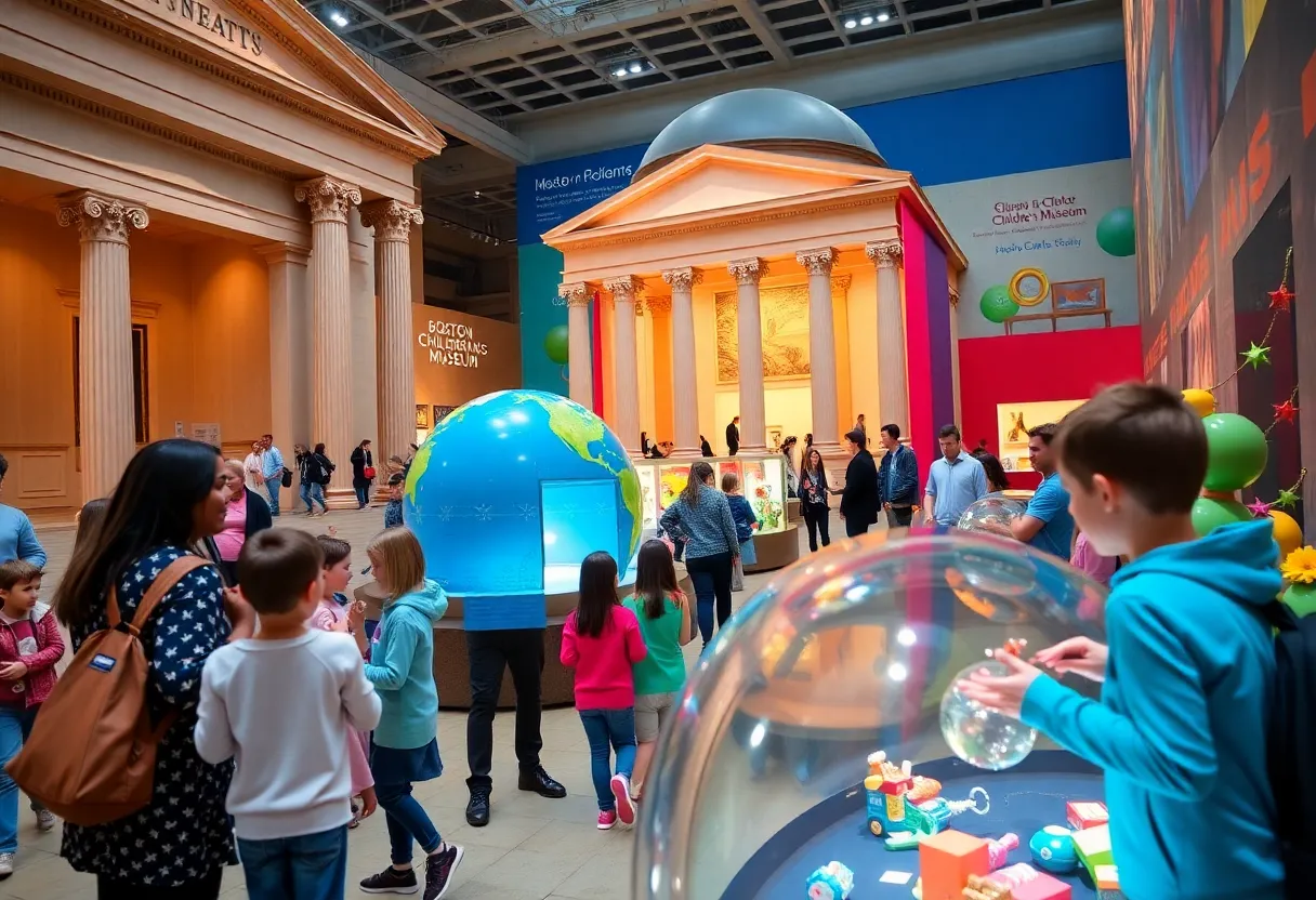 Families engaging with art and exhibits at Boston museums.