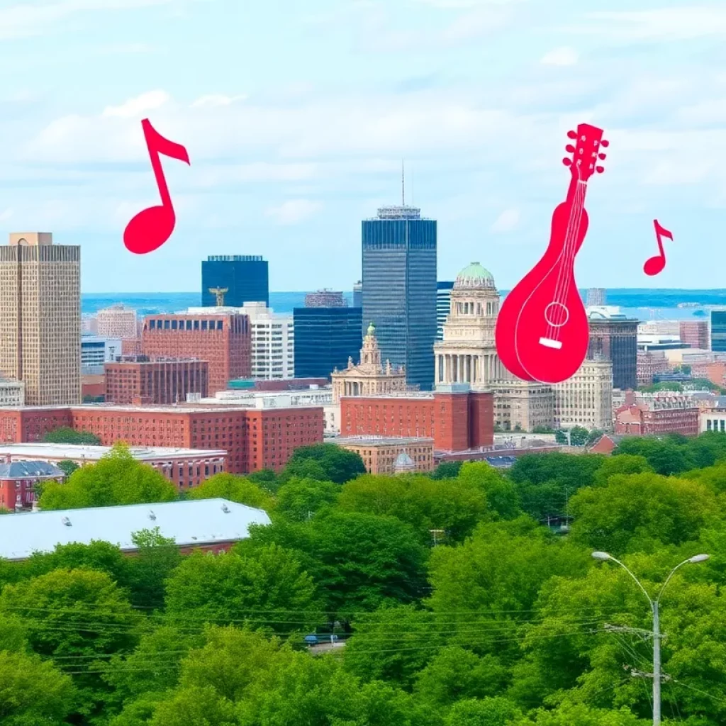 A picturesque view of Boston with musical symbols representing the city's music scene.