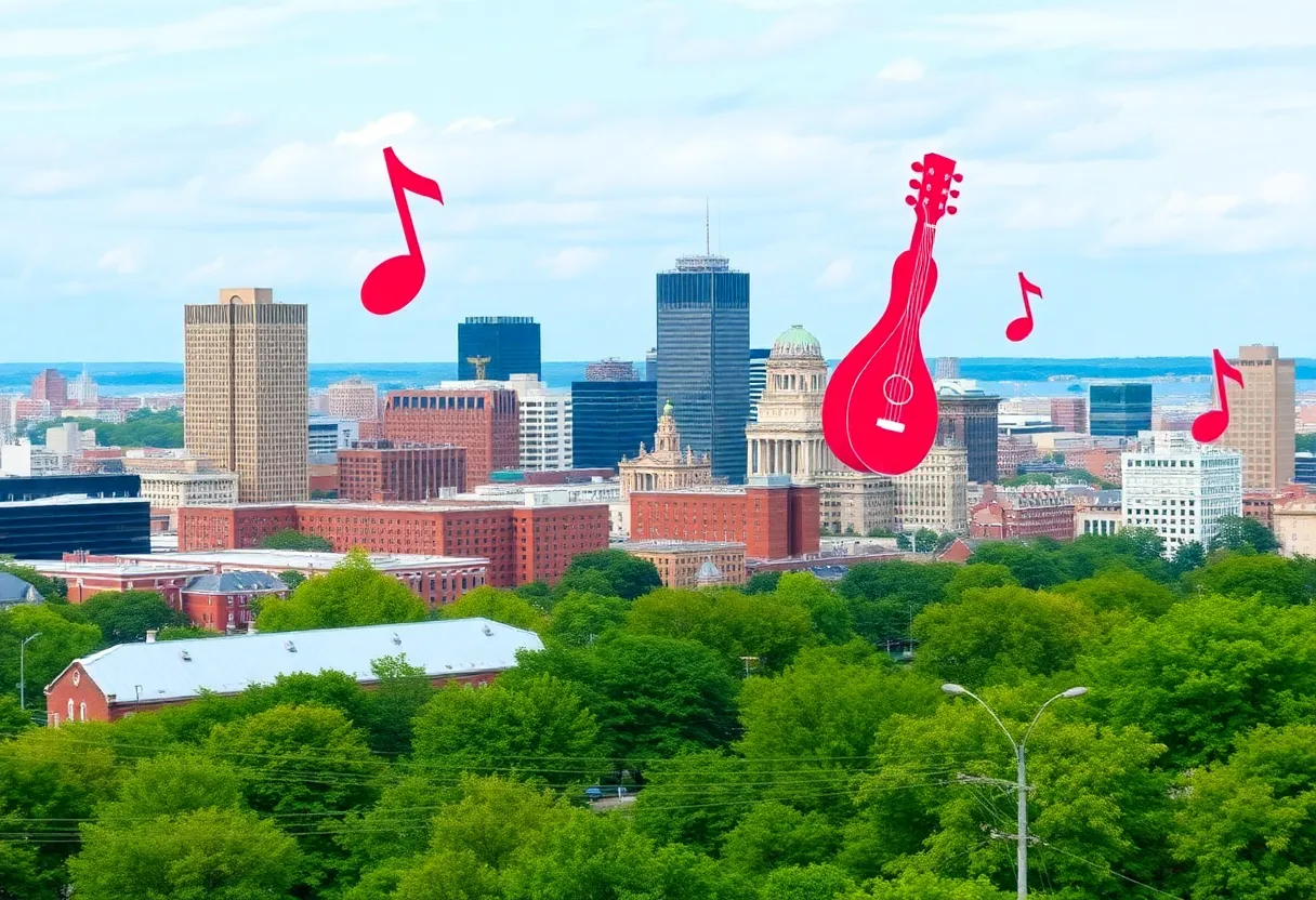 A picturesque view of Boston with musical symbols representing the city's music scene.