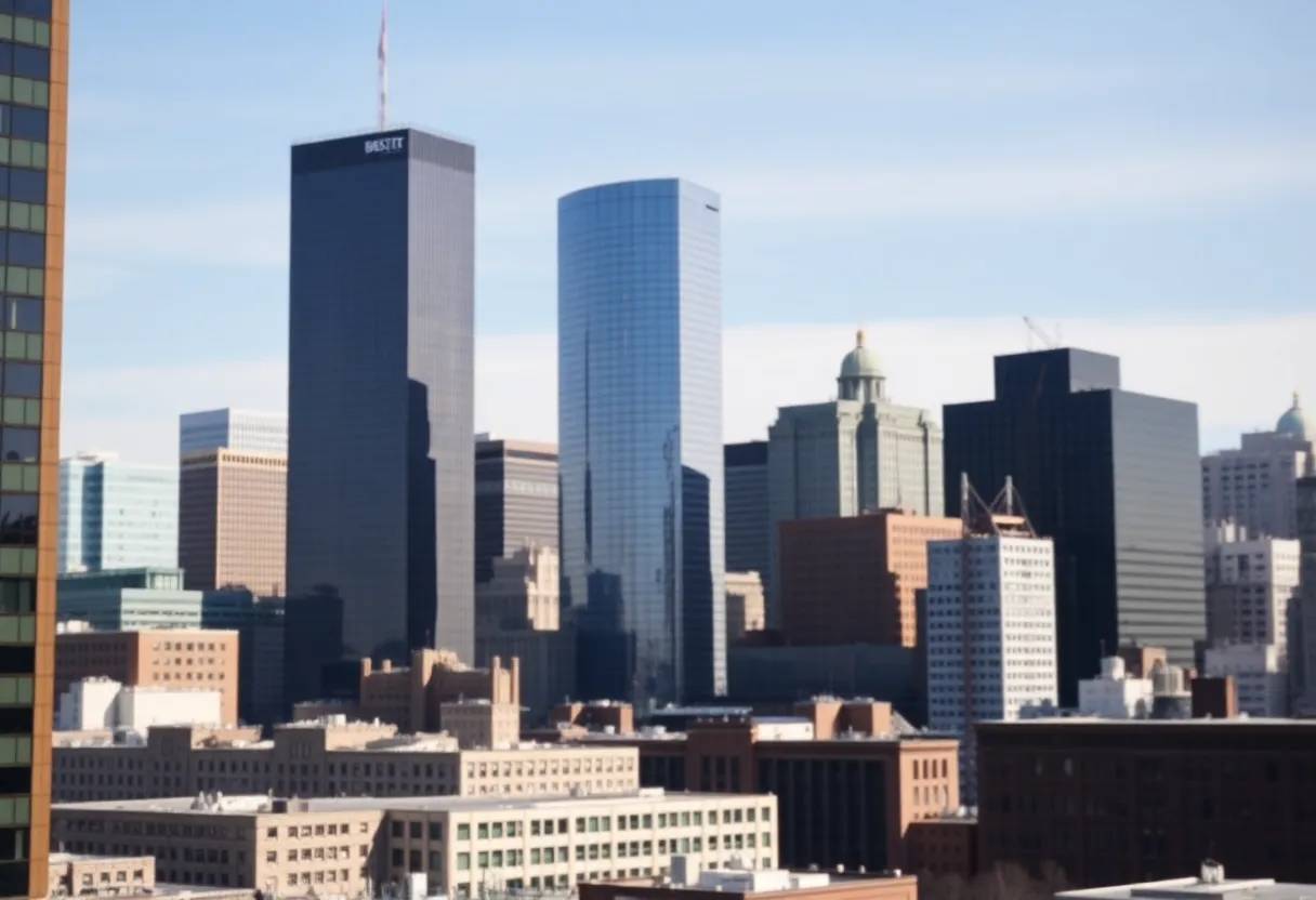 Aerial view of the 32-story office tower at 99 High Street in Boston