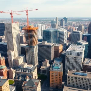 Aerial view of Boston's skyline featuring new office towers under construction