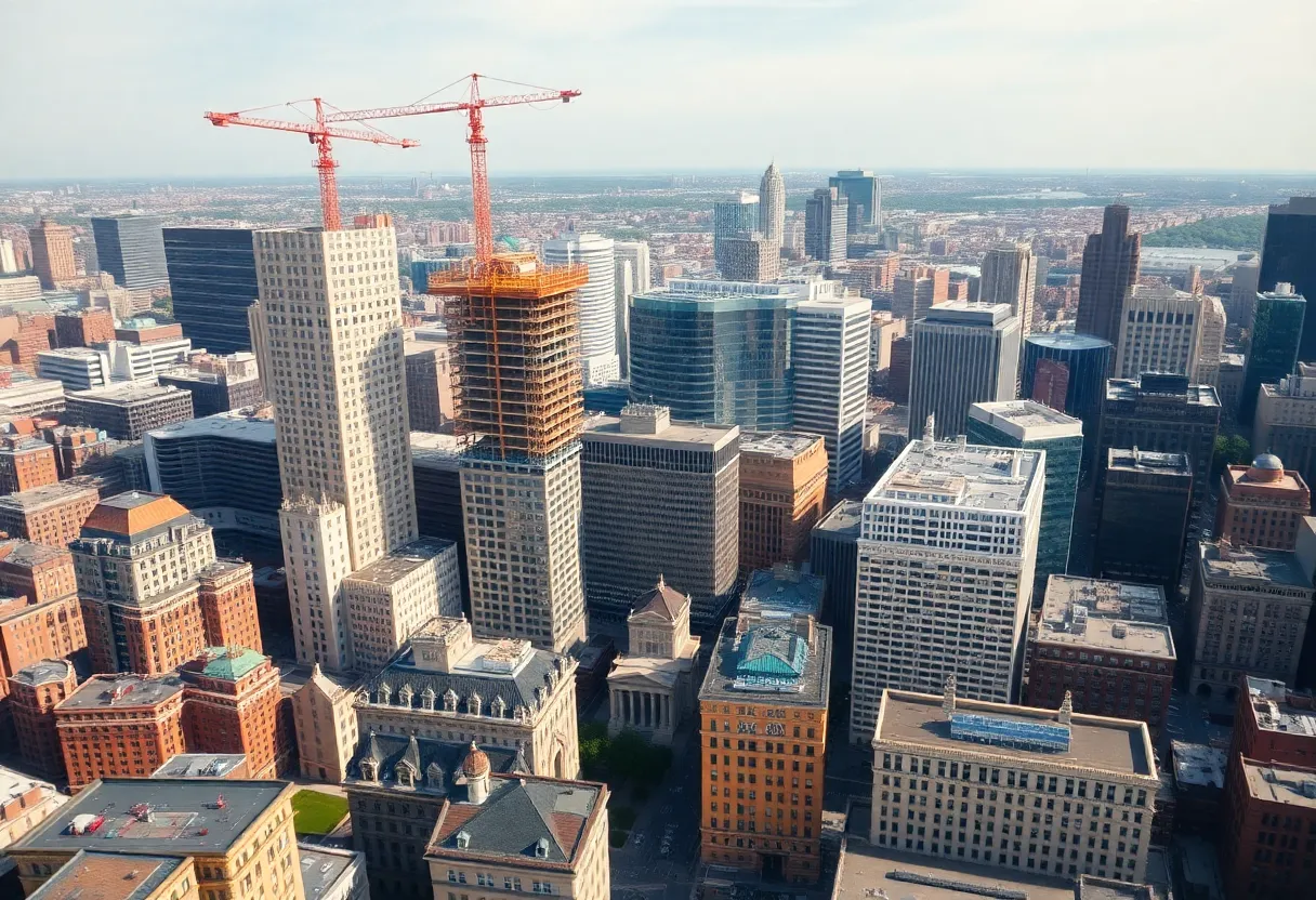 Aerial view of Boston's skyline featuring new office towers under construction
