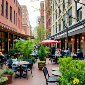 Outdoor dining patios in Boston filled with diners enjoying their meals in a spring atmosphere