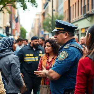Police officer interacting with community members in Boston