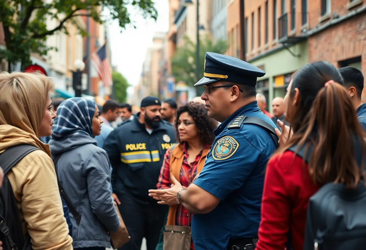Police officer interacting with community members in Boston