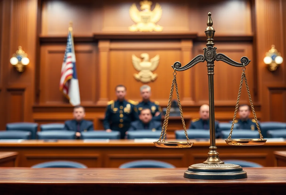 Courtroom scene representing police lawsuit