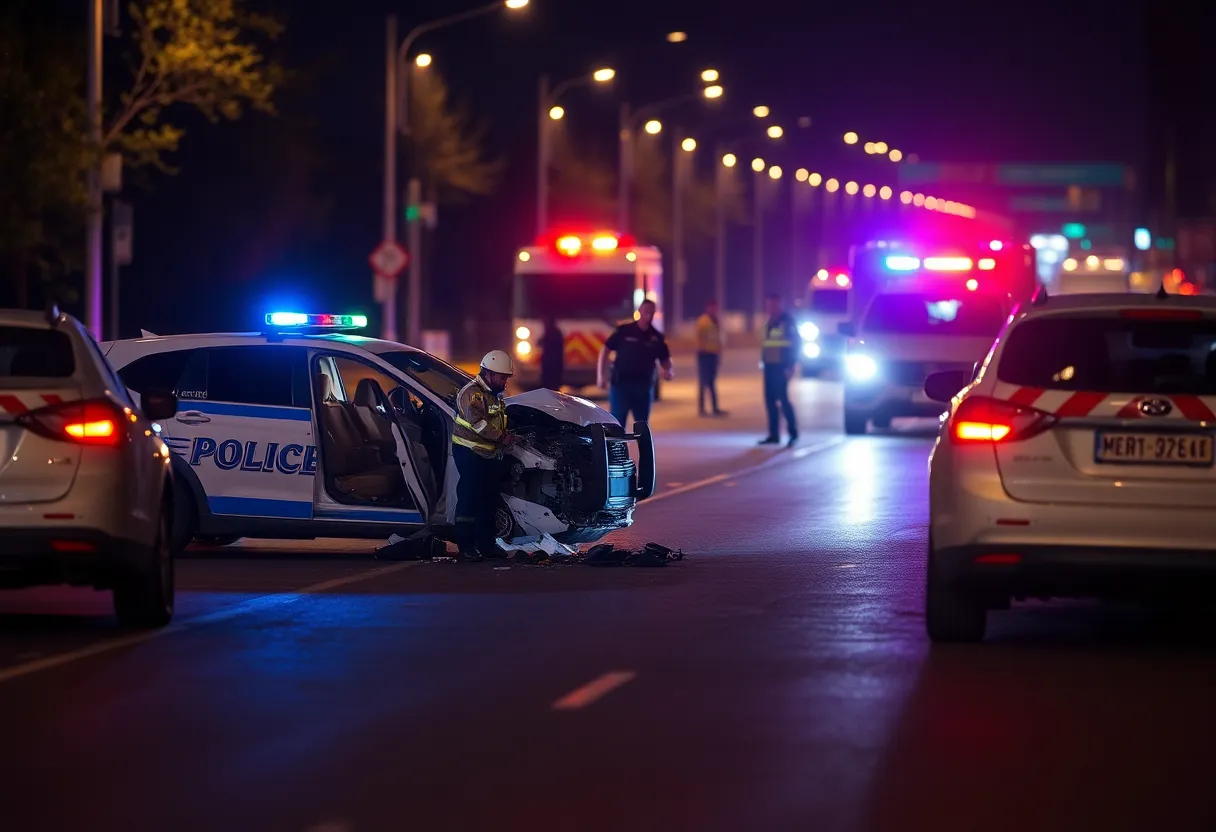 Scene of a police vehicle crash with emergency responders present.