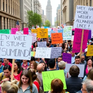 Demonstrators at a Boston protest holding colorful signs and banners.