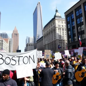 Crowd at Boston protest with musical instruments and signs