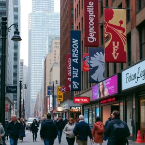 Boston city street with public media signage