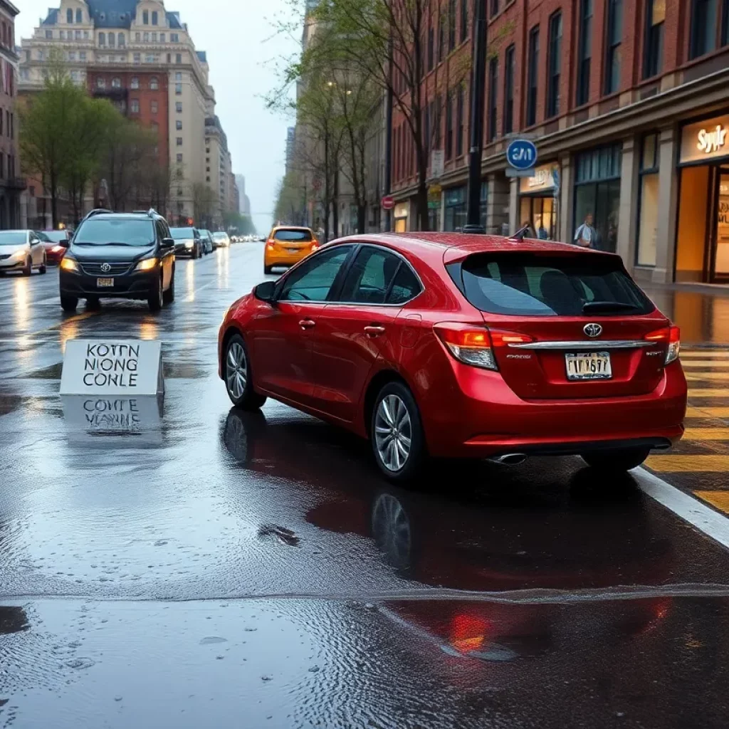 Rainy day in Boston with puddles on the street