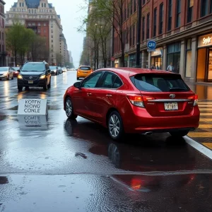 Rainy day in Boston with puddles on the street