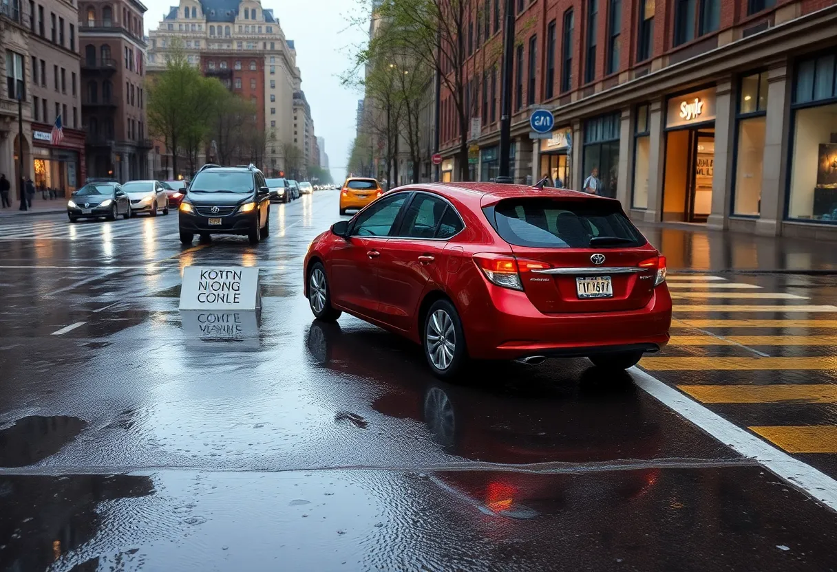 Rainy day in Boston with puddles on the street