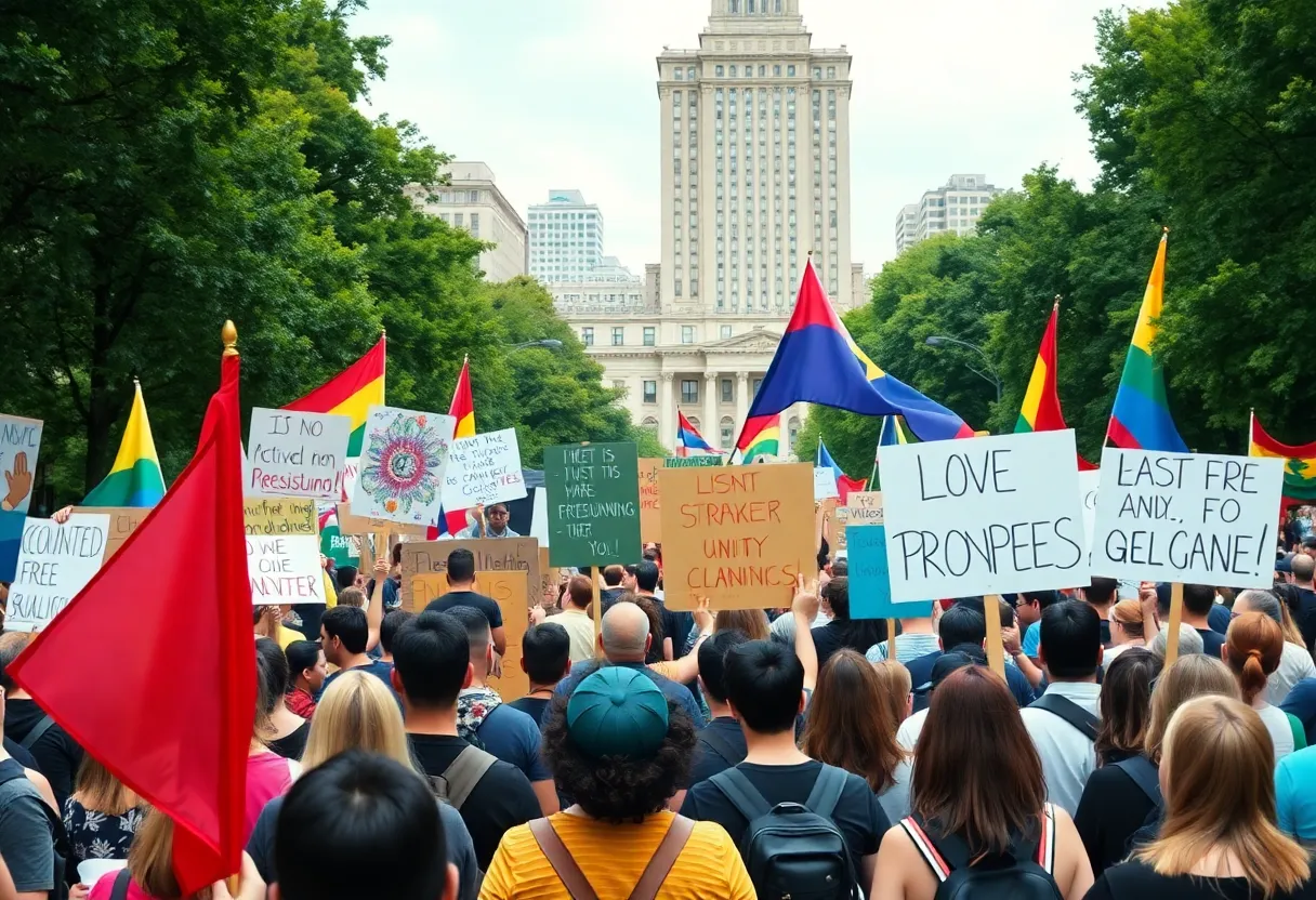 Activists engaged in a protest rally in Boston, showing signs of resistance.