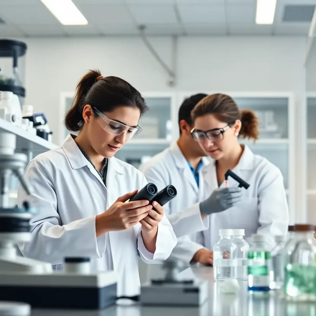 Scientists collaborating in a modern lab environment.