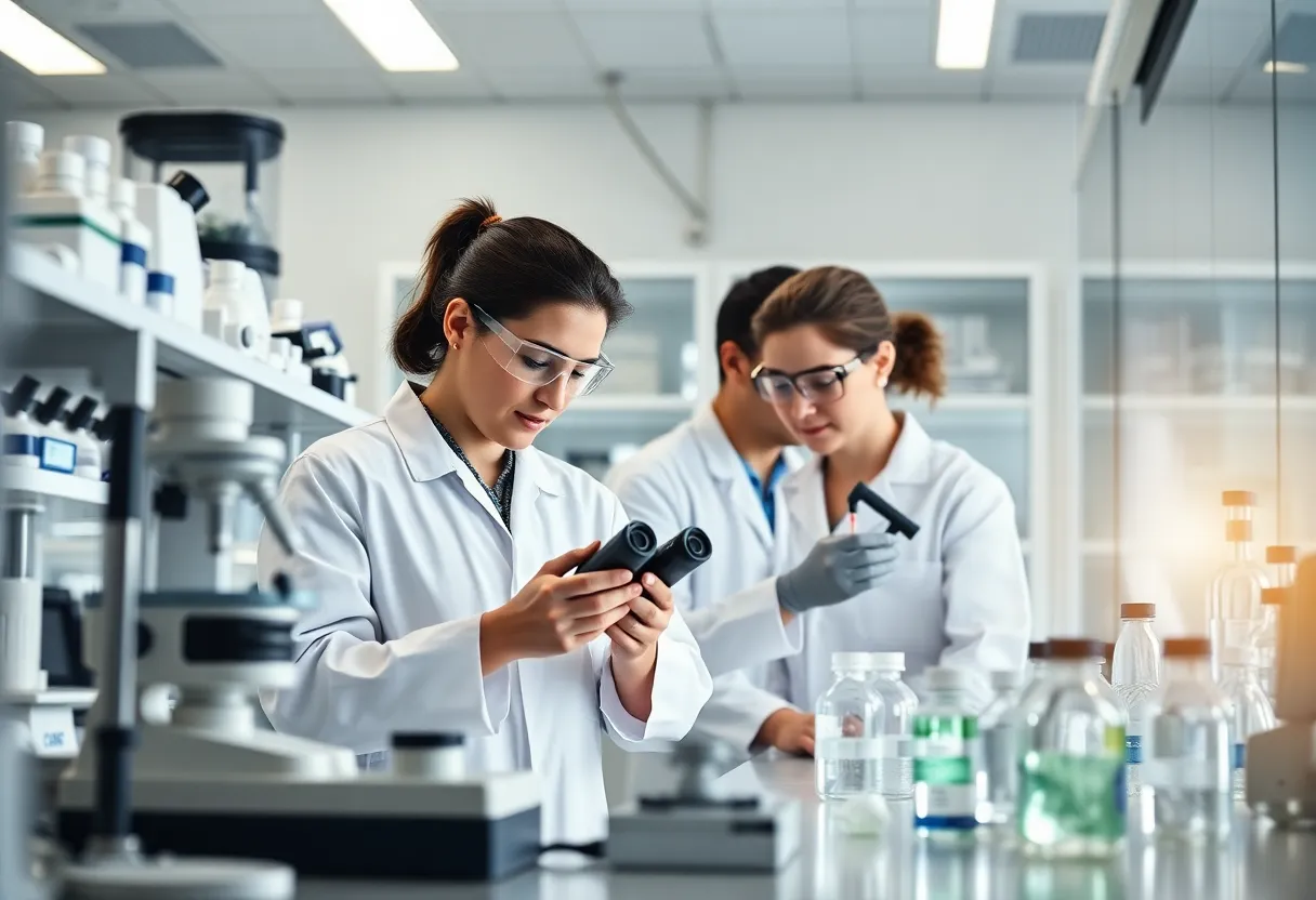 Scientists collaborating in a modern lab environment.
