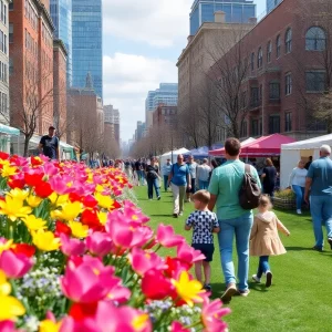 Families enjoying spring festivals in Boston with colorful flowers.