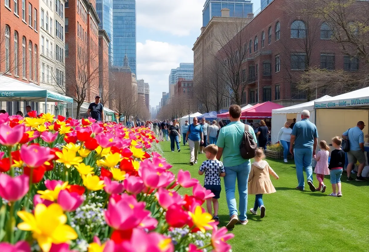 Families enjoying spring festivals in Boston with colorful flowers.
