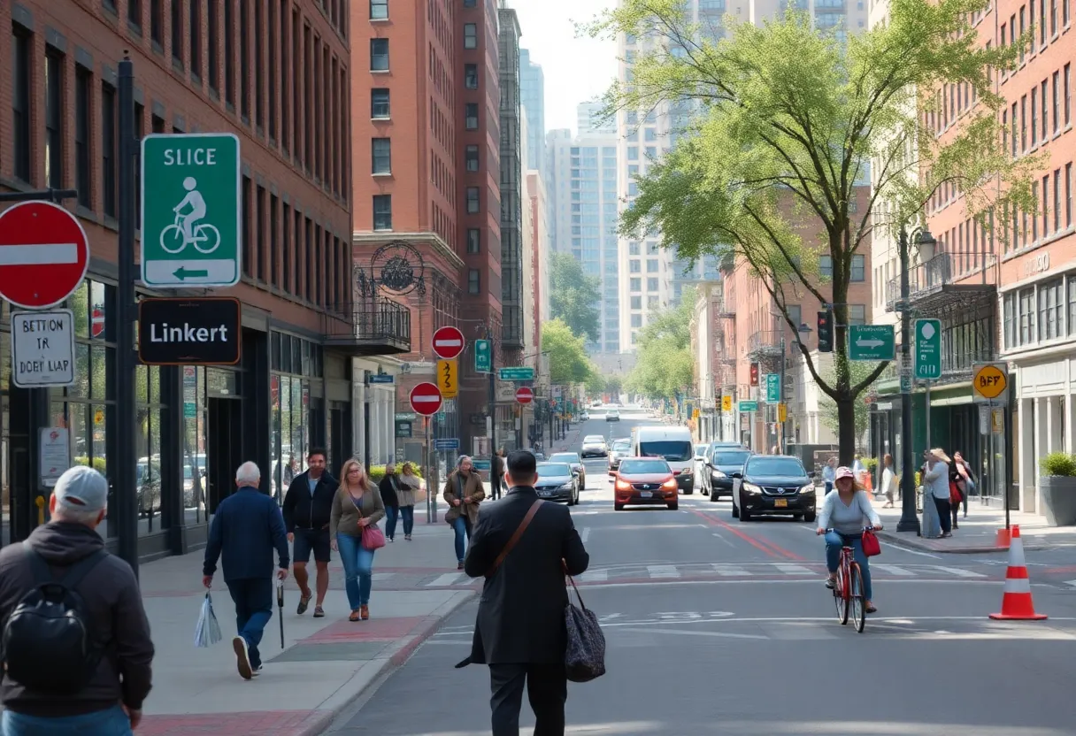 Boston urban street with bike lanes and community engagement