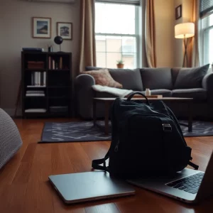 A backpack and a laptop in a Boston apartment