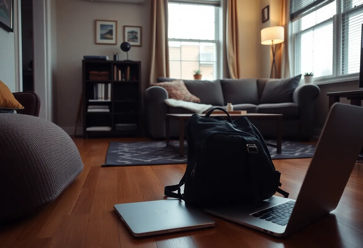 A backpack and a laptop in a Boston apartment
