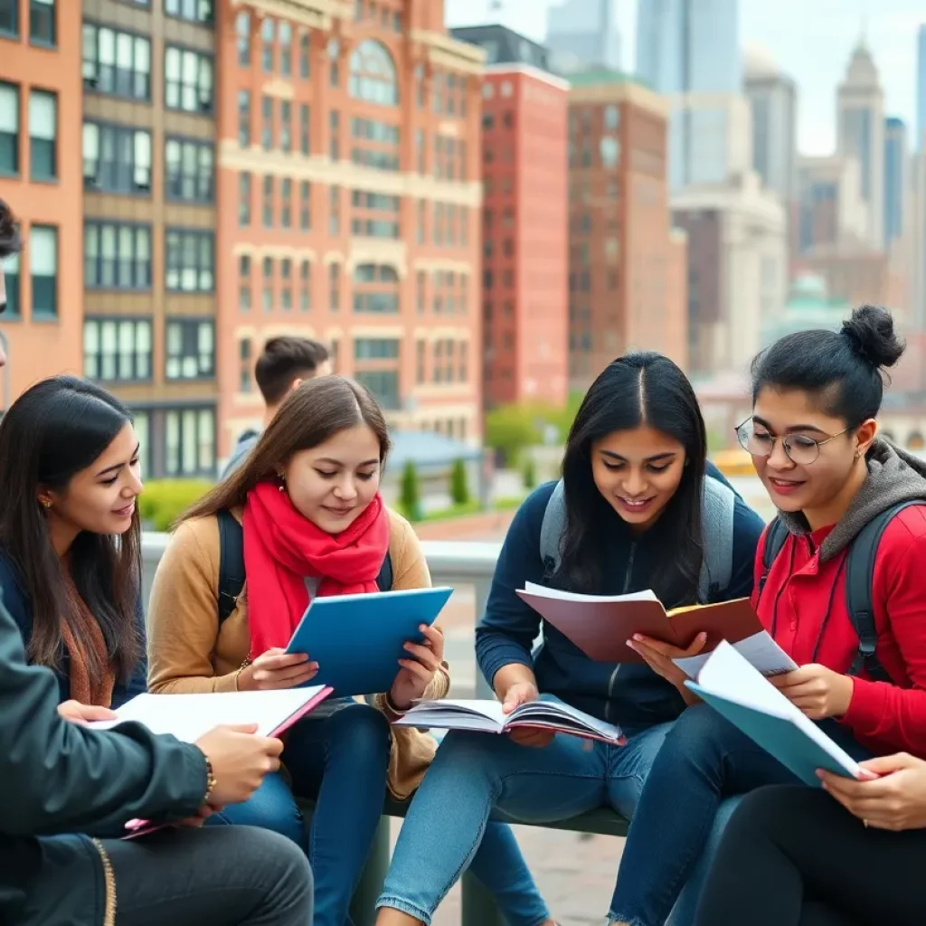 Diverse university students in Boston with city skyline in the background