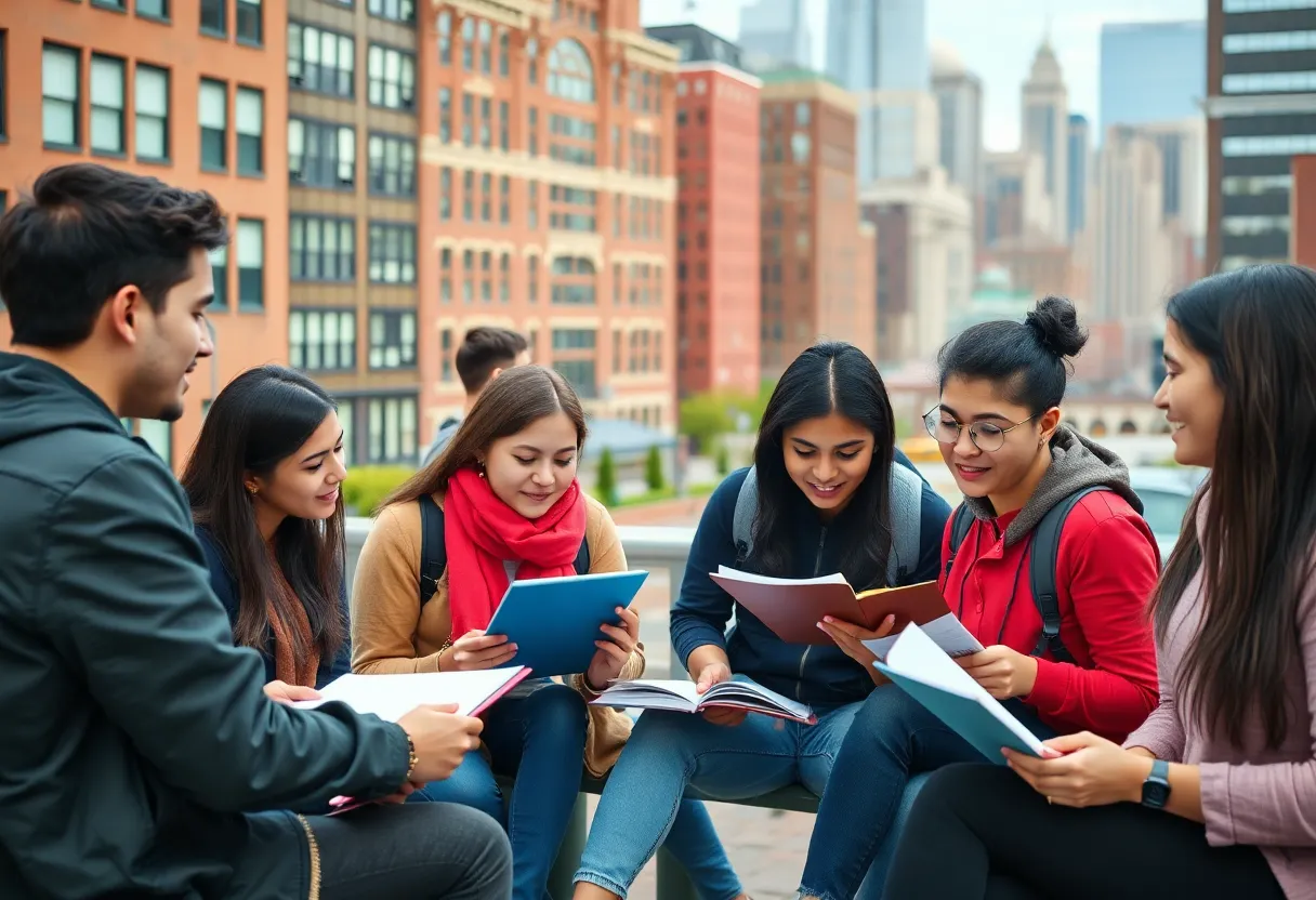 Diverse university students in Boston with city skyline in the background