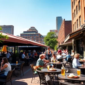 An outdoor dining area in Boston filled with people enjoying summer