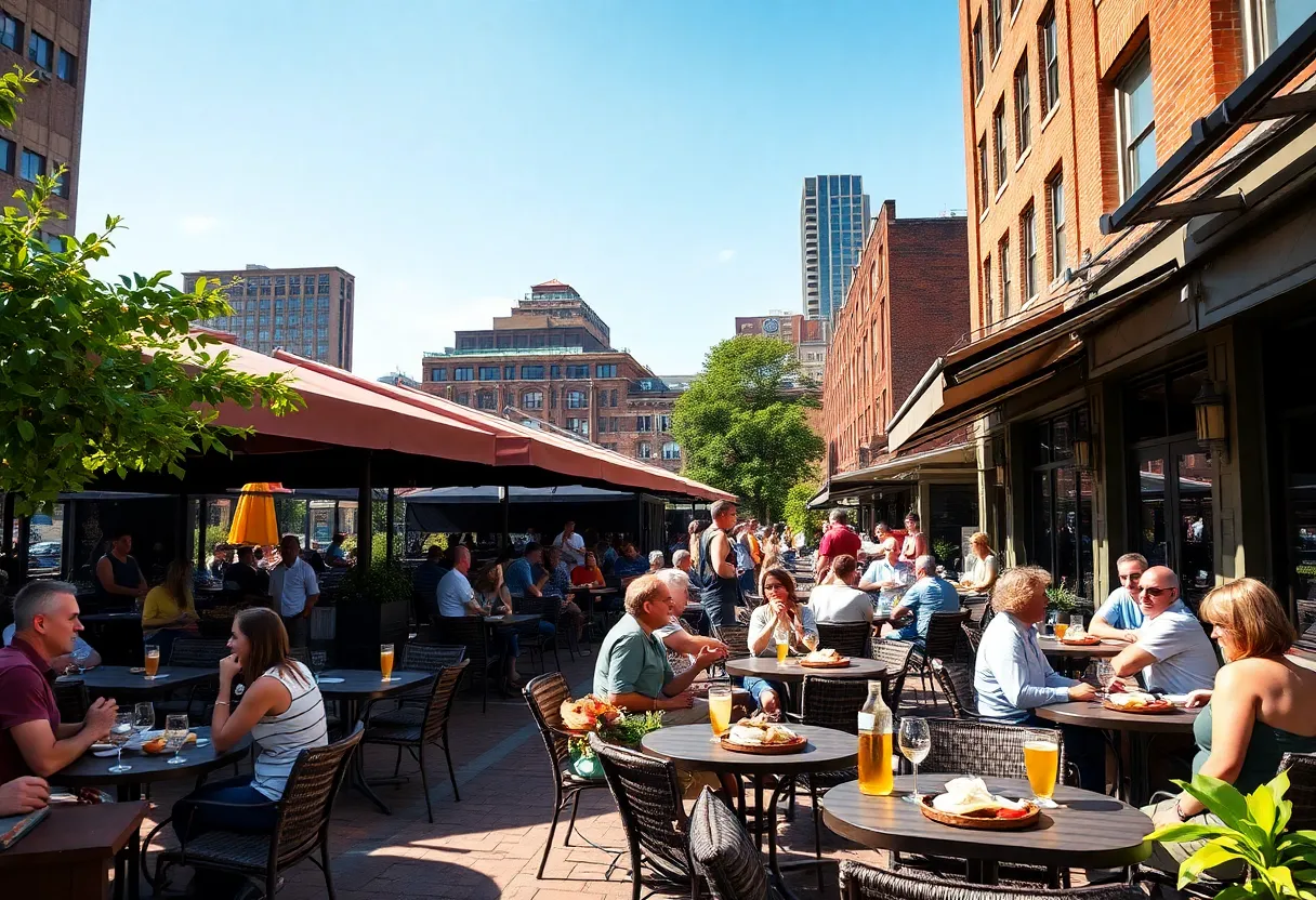 An outdoor dining area in Boston filled with people enjoying summer
