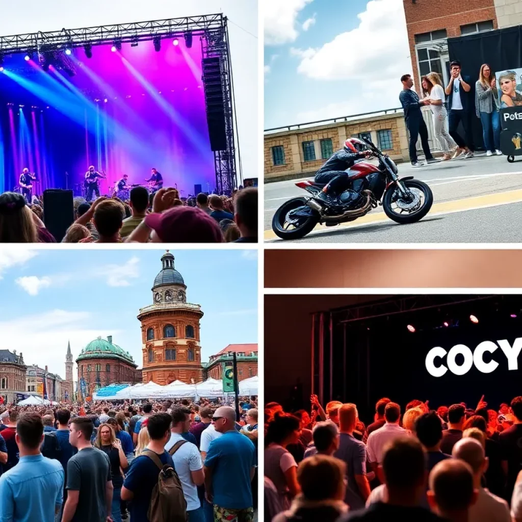 A collage of Boston's weekend events featuring music, racing, and comedy.