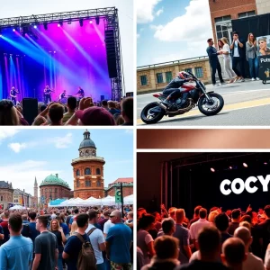A collage of Boston's weekend events featuring music, racing, and comedy.
