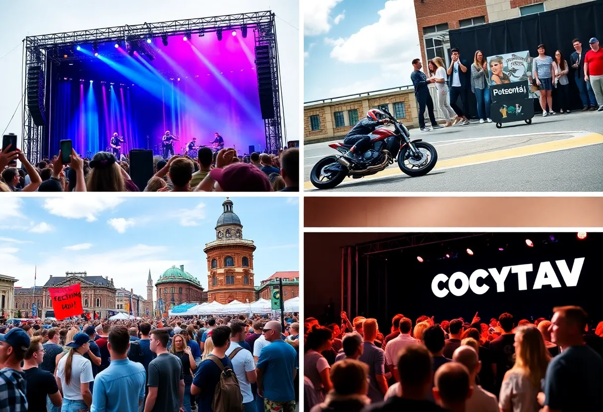 A collage of Boston's weekend events featuring music, racing, and comedy.