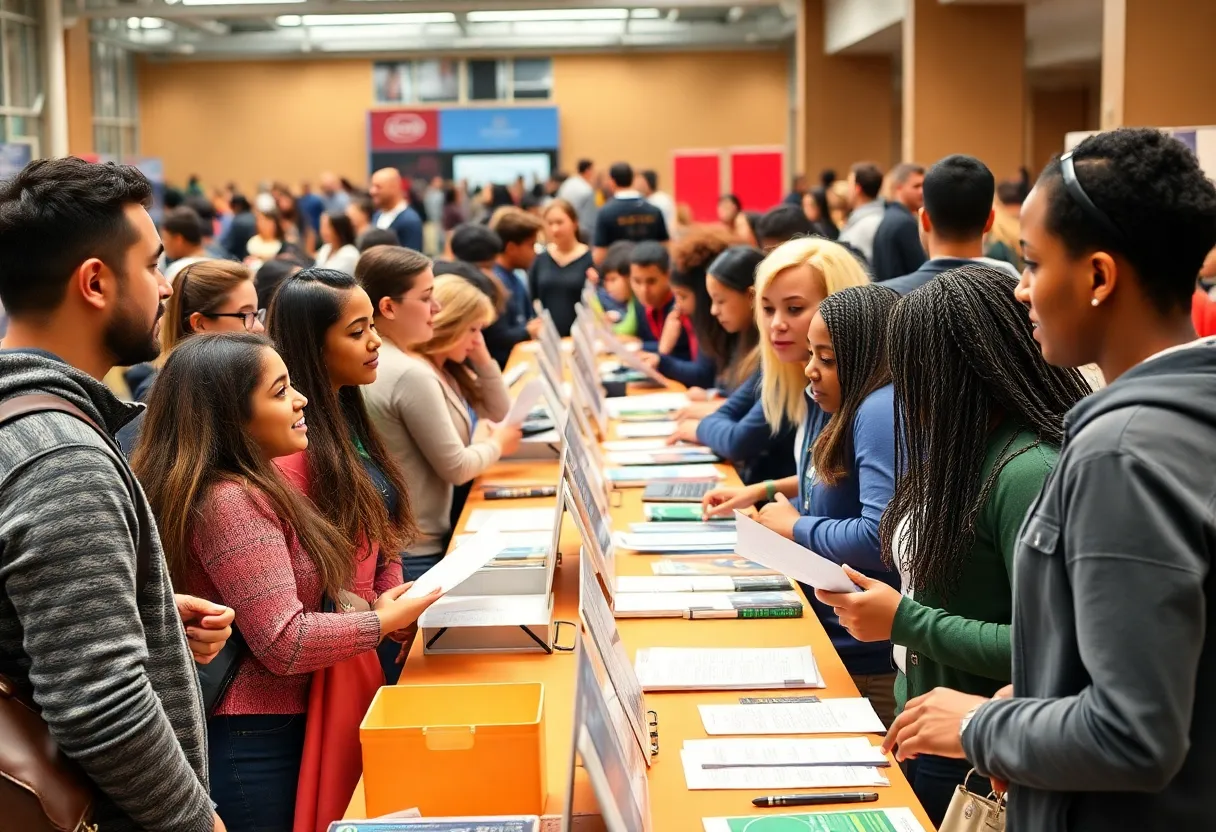 Boston Youth Jobs Fair with young attendees and employers interacting.