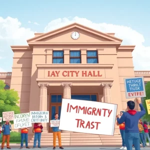 Protesters outside Boston City Hall advocating for immigration reform and community trust
