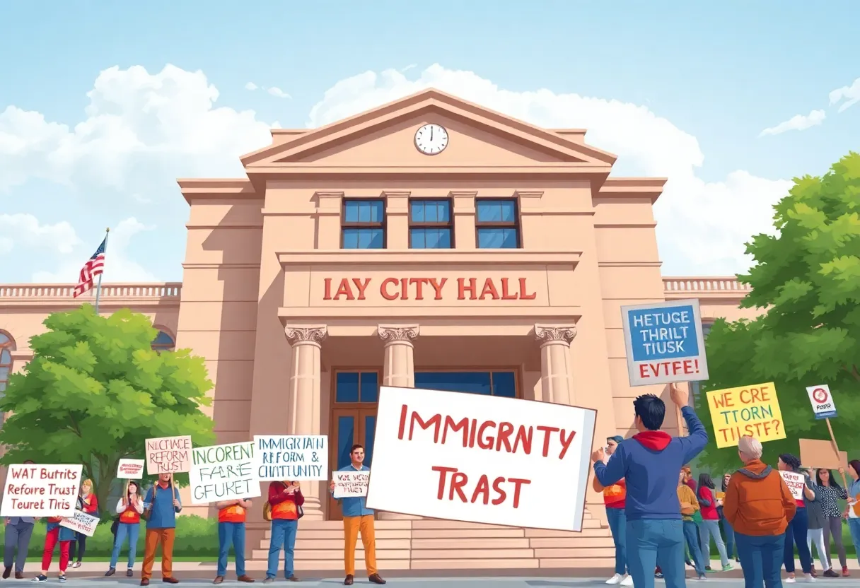 Protesters outside Boston City Hall advocating for immigration reform and community trust
