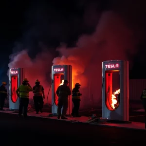 Burnt Tesla charging stations at night surrounded by fire extinguishers and emergency responders