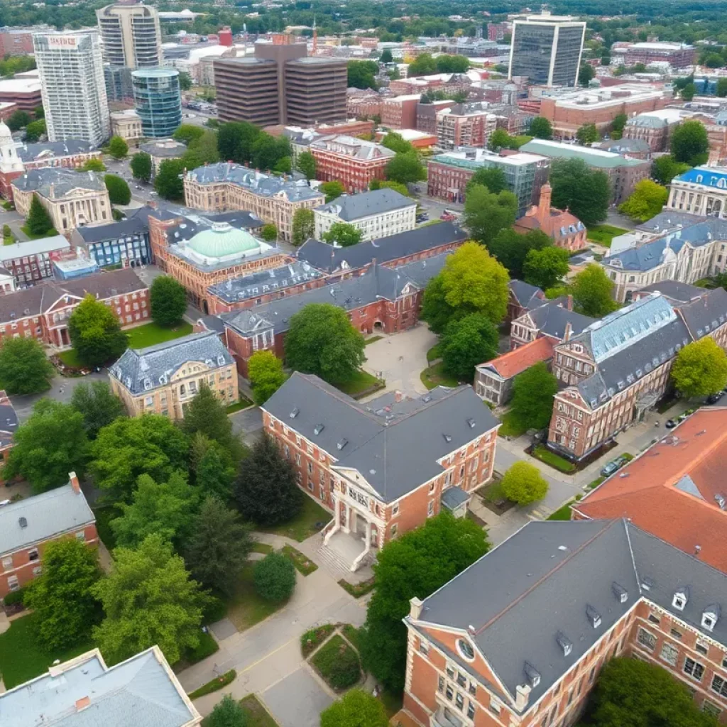 Aerial view of Cambridge University campus with cityscape.