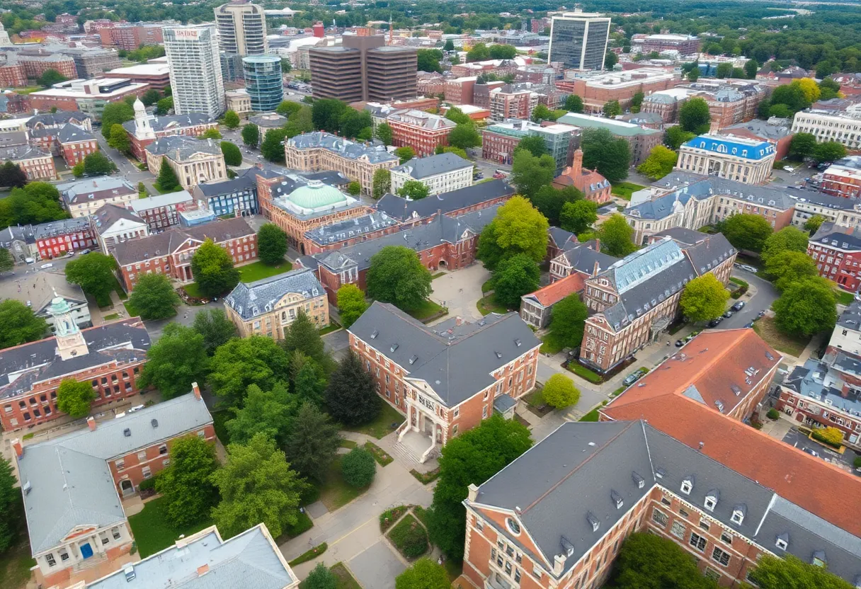 Aerial view of Cambridge University campus with cityscape.