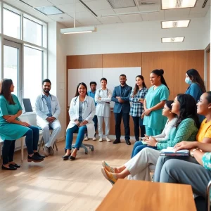 Healthcare professionals collaborating in a modern office setting after the acquisition