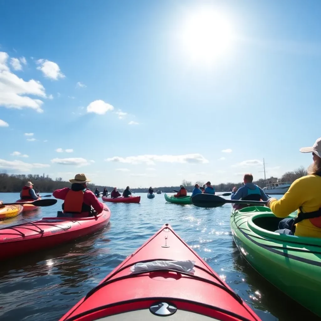 Community members paddling on the Charles River during a cleanup event