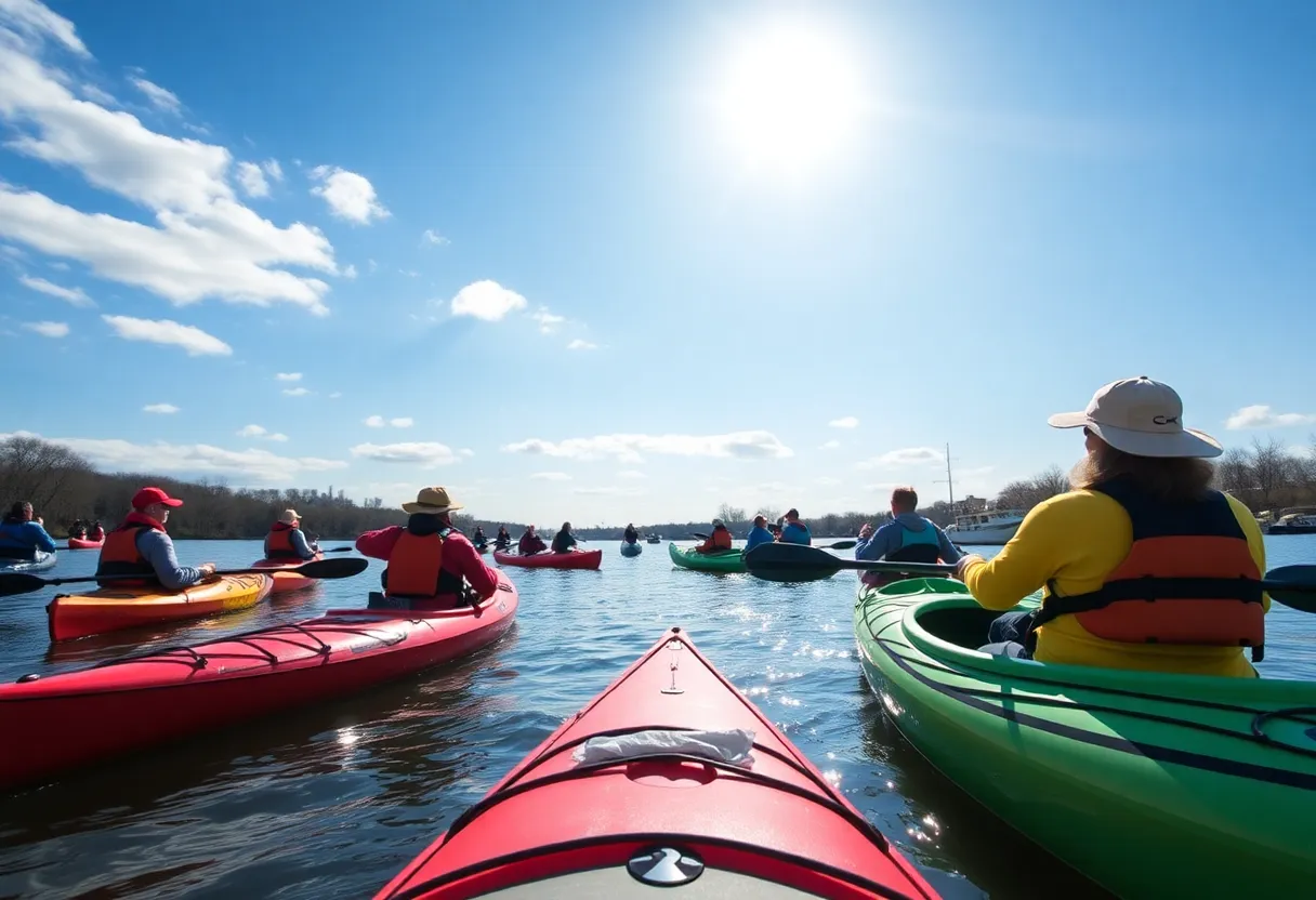 Community members paddling on the Charles River during a cleanup event