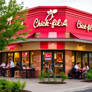 Exterior view of a Chick-fil-A restaurant with customers enjoying meals.