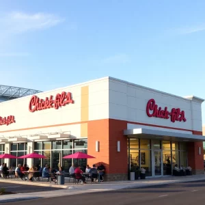 Chick-fil-A restaurant with outdoor seating near Gillette Stadium