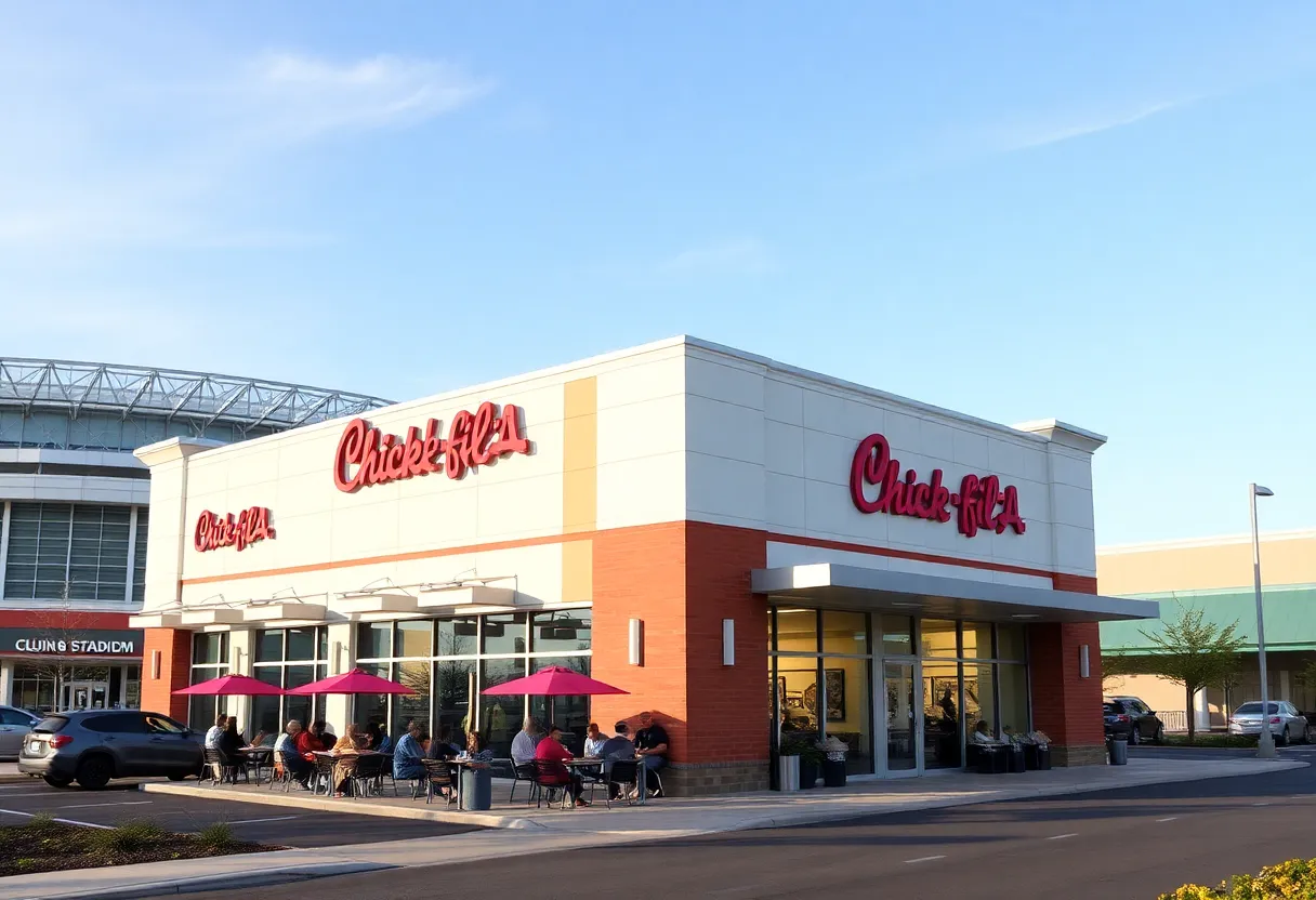Chick-fil-A restaurant with outdoor seating near Gillette Stadium