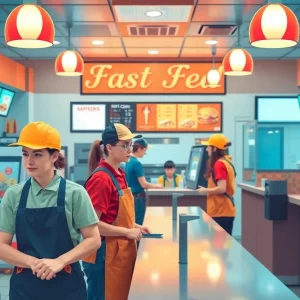 Young workers in a fast food restaurant