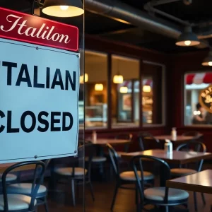 Closed sign at Bertucci's Italian Restaurant with empty dining area