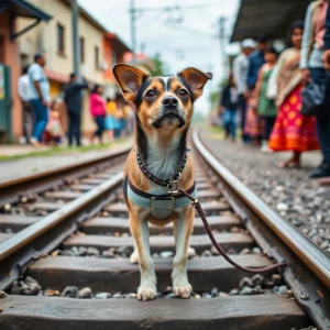 A small dog tied to train tracks with concerned residents nearby
