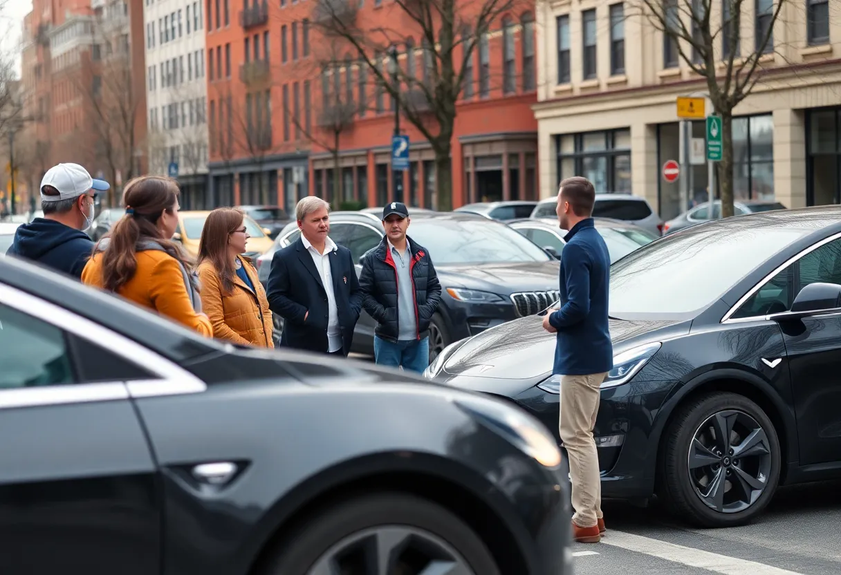 Group discussing community safety near parked Tesla cars in Boston