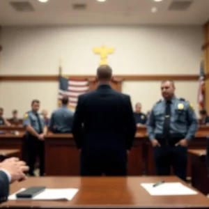 Tense courtroom scene reflective of local and federal law enforcement conflicts