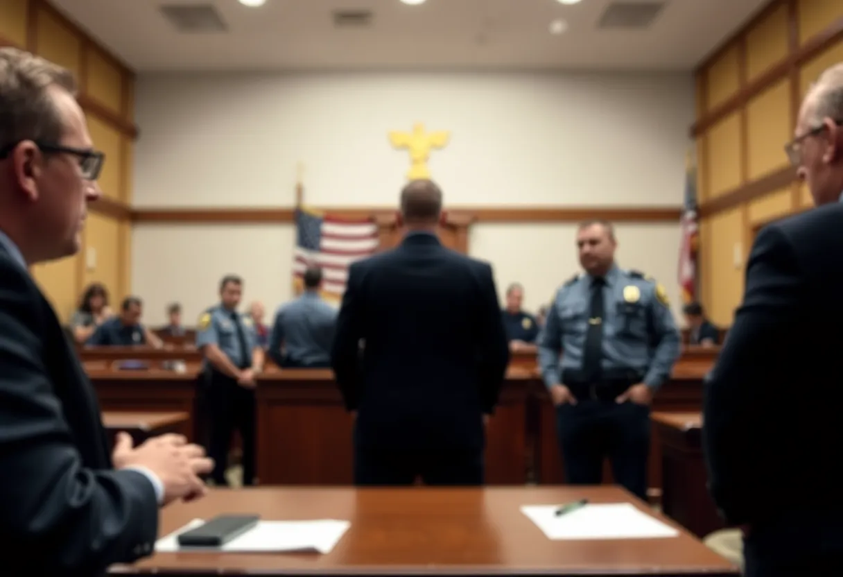 Tense courtroom scene reflective of local and federal law enforcement conflicts